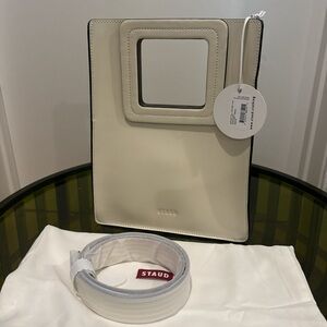 STAUD Cream Leather Tote with Square Handle